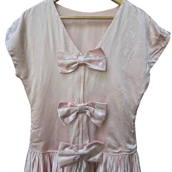 Dessy Creations Vintage Ballet Coquette Pink Satin Low Back Bow Midi Dress 10 - Picture 6 of 12